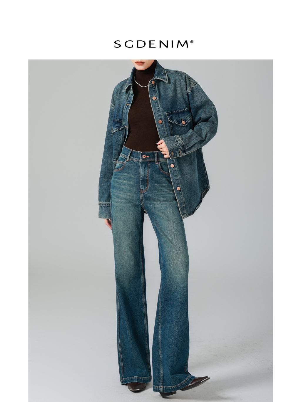Hong Kong style retro/silhouette denim jacket, women's long sleeved shirt, nostalgic style, 25 autumn new workwear, collar trendy, 5 pieces