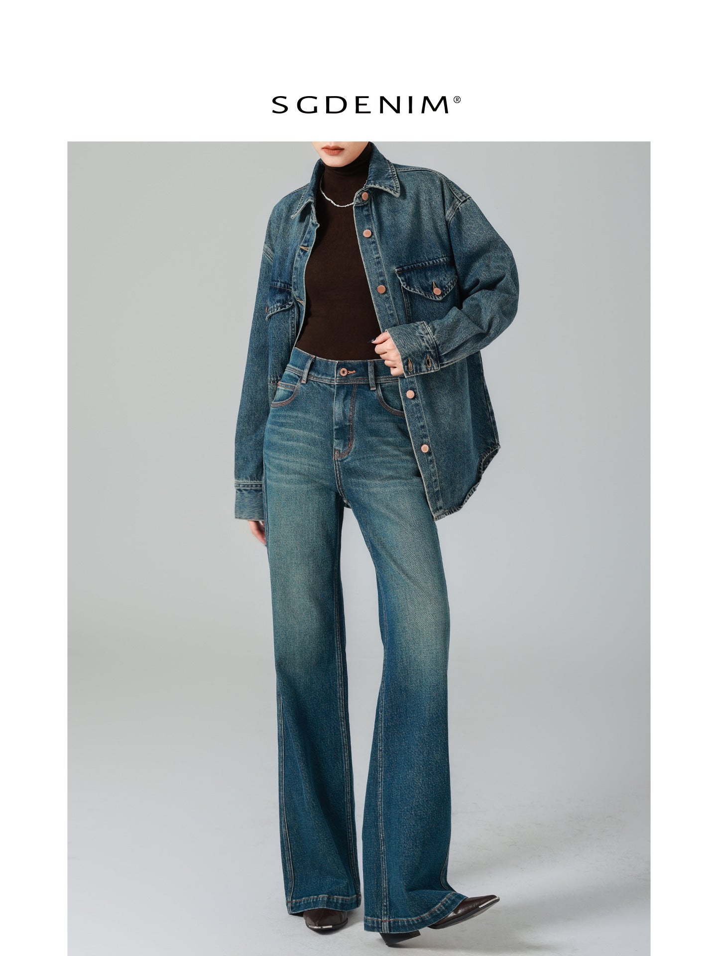 Hong Kong style retro/silhouette denim jacket, women's long sleeved shirt, nostalgic style, 25 autumn new workwear, collar trendy, 5 pieces