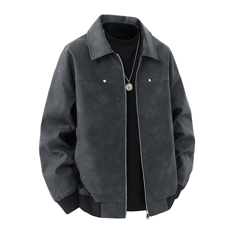Popular Hong Kong style leather jacket men's lapel motorcycle leather jacket men's American street leather trendy brand 5 pieces