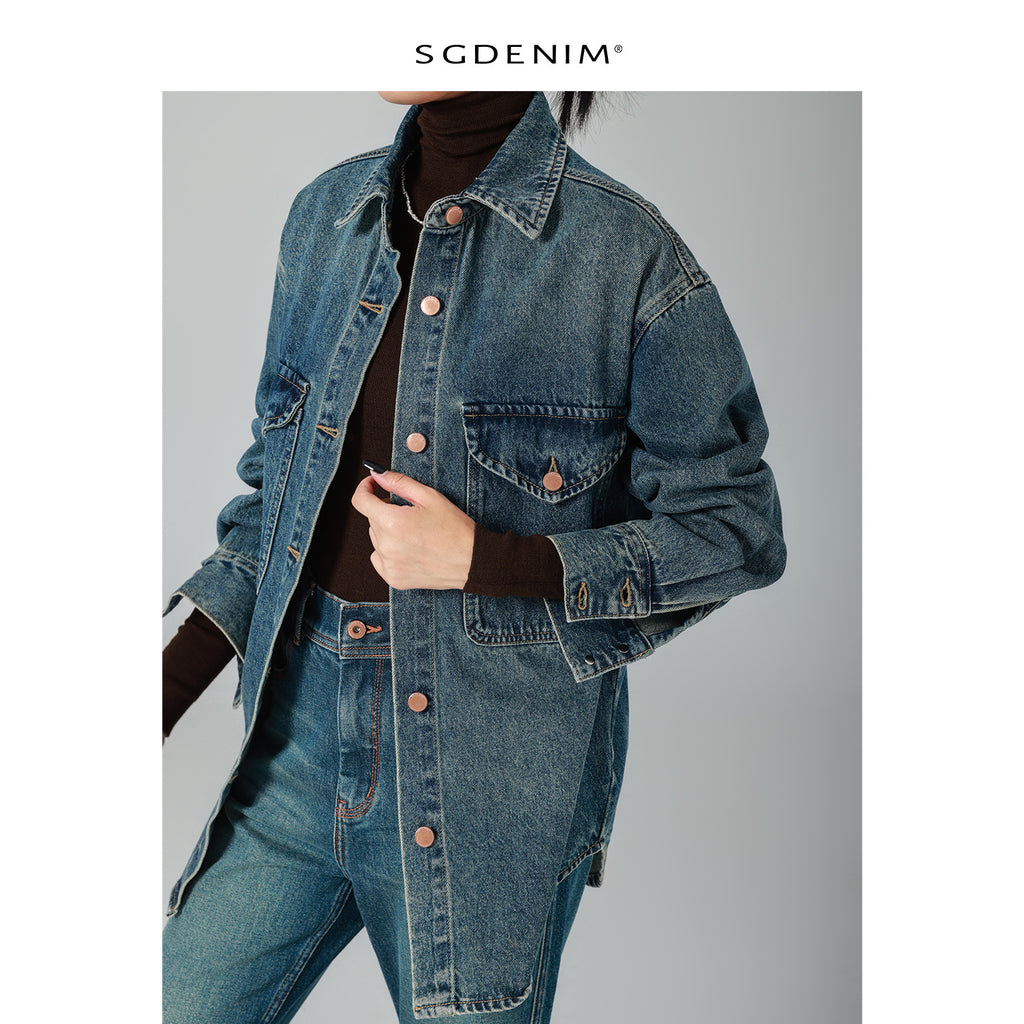 Hong Kong style retro/silhouette denim jacket, women's long sleeved shirt, nostalgic style, 25 autumn new workwear, collar trendy, 5 pieces